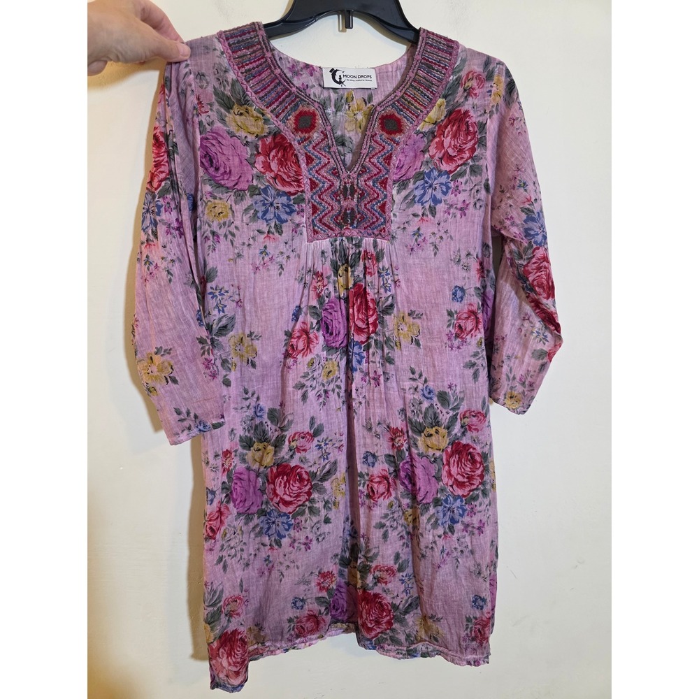 Moon Drops Pink Floral Embroidered V-Neck Tunic Mini Dress Boho 3/4 Sleeve Med.